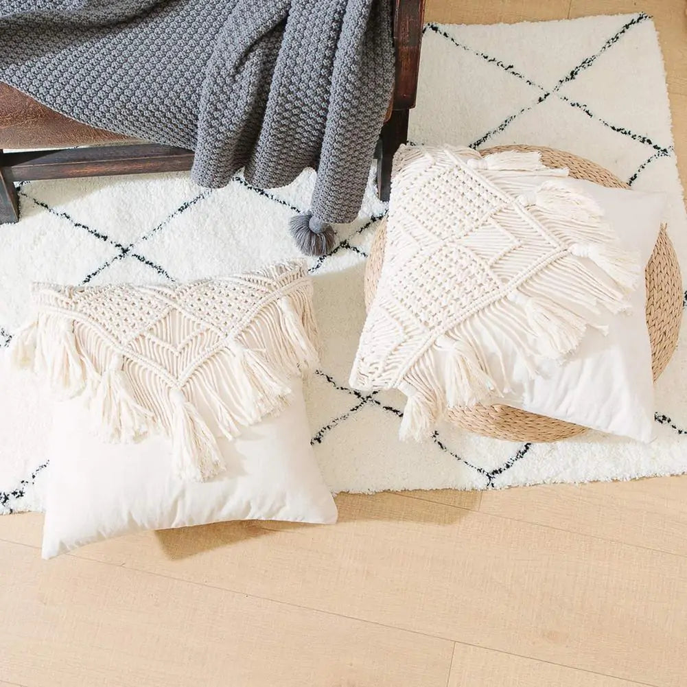 Cotton Linen Macrame Hand-woven Pillow Covers - Bohemian Style Home Decor 45x45cm
